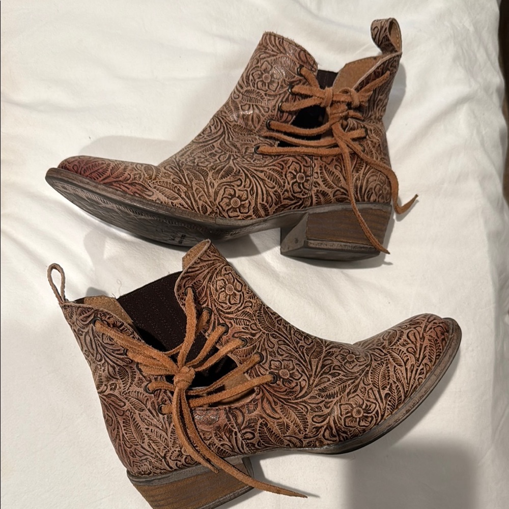 Floral Embossed Brown Ankle Boots